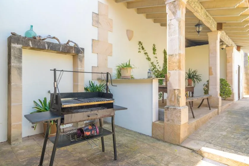 Un patio exterior cubierto tiene una parrilla, plantas en macetas y una mesa pequeña.