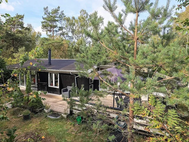 Una casa de madera oscura con una amplia terraza está rodeada de pinos.