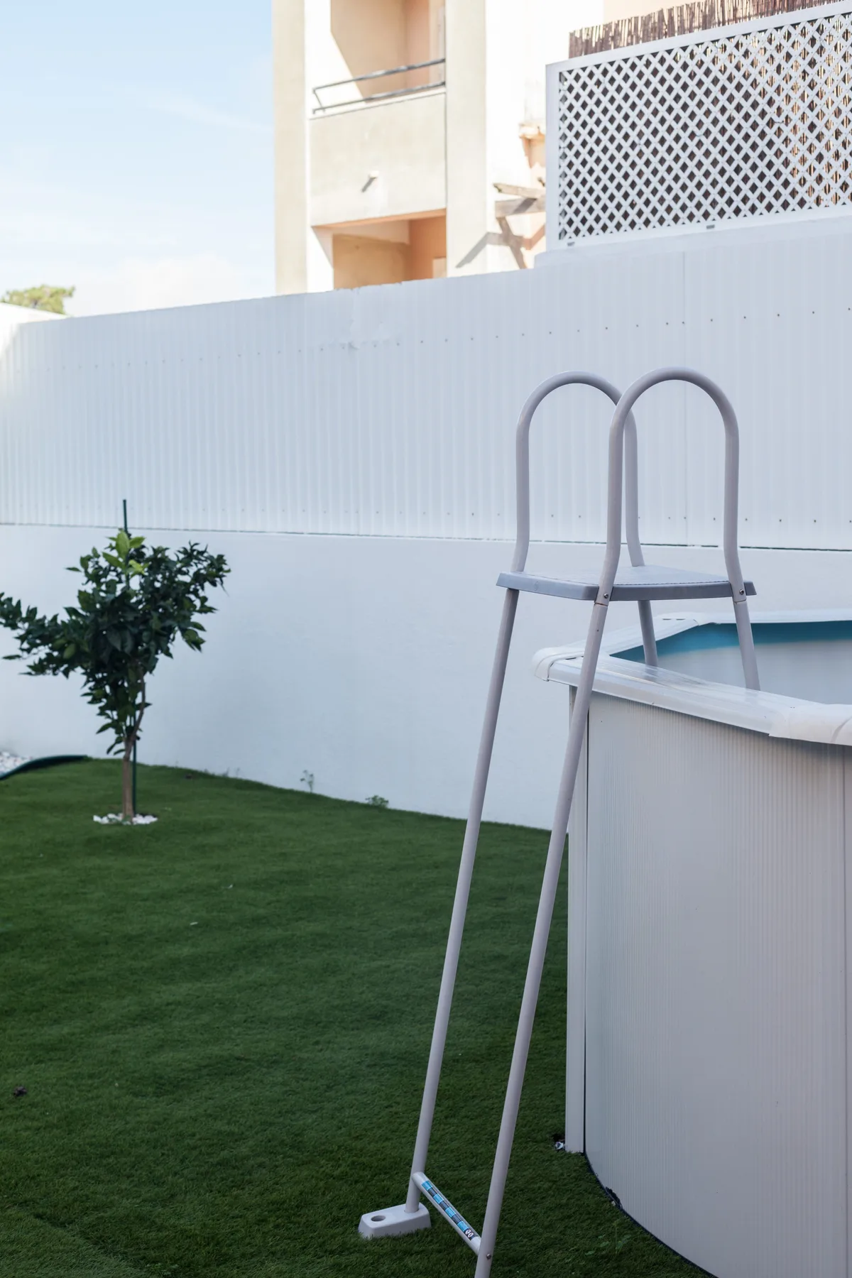 An outdoor pool beside a small lawn and a young tree.