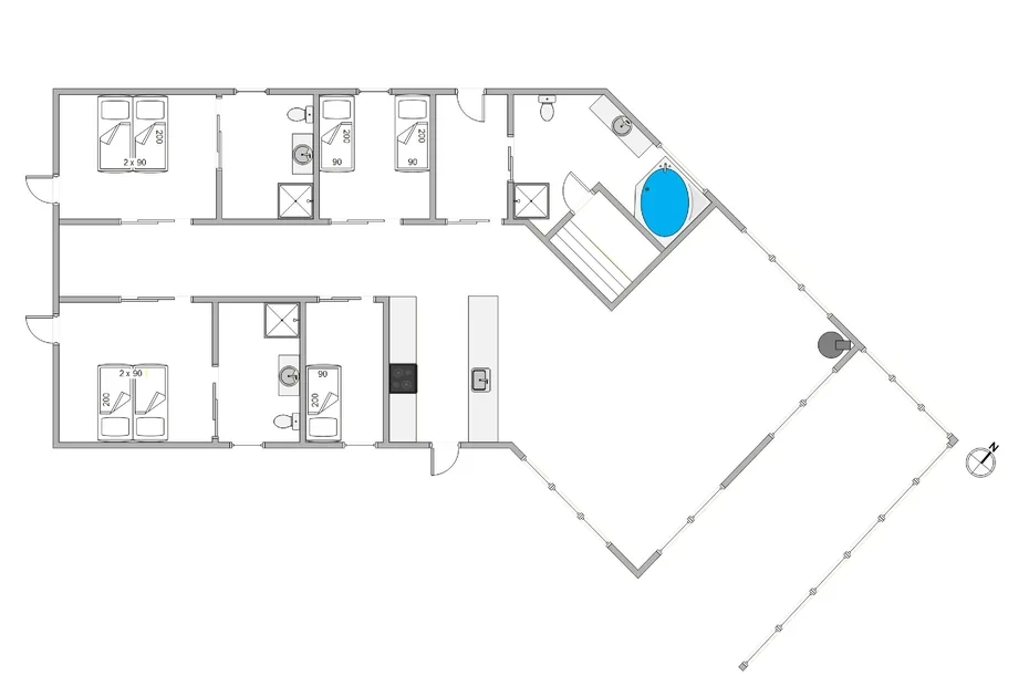 A floor plan shows several rooms and a blue circular feature.