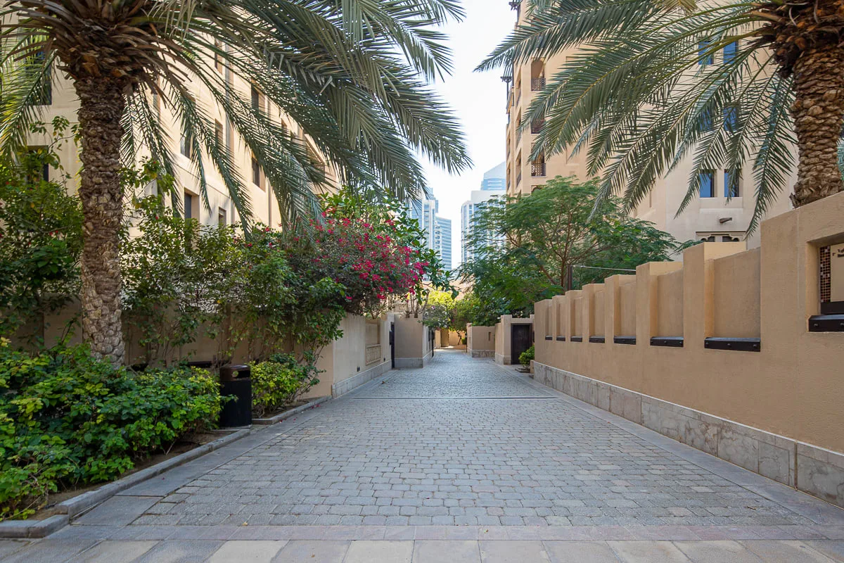 A paved walkway runs between landscaped apartment buildings and palm trees.