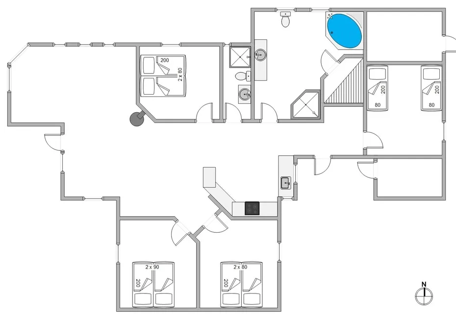 Un plano muestra varias habitaciones, camas, un baño y una bañera azul.