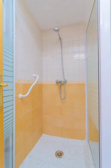 A tiled shower area with orange wall tiles and a handheld showerhead.