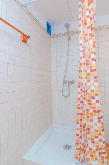 A tiled shower area with a patterned curtain and handheld showerhead.