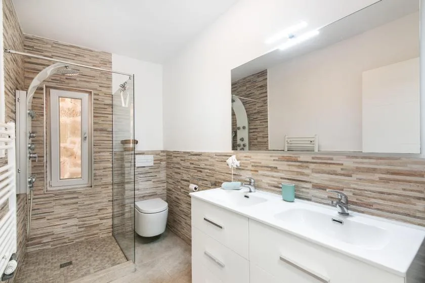 A bathroom with a glass shower, toilet, and long vanity beneath a mirror.