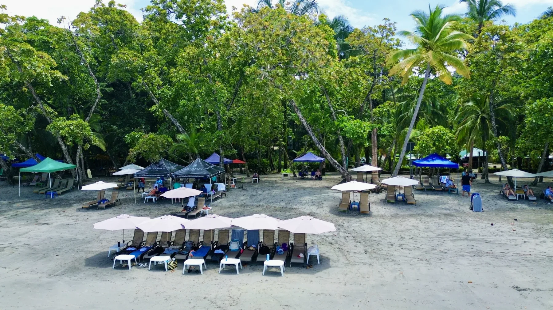 Casa Ama · 37. The sunny sandy beach at the Blue Horizon Beach Club presents rows of shaded lounge chairs nestled against a backdrop of tropical jungle.