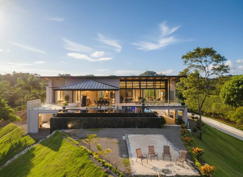 Casa Ama · 36. This modern multi-level villa features expansive glass walls and an infinity pool that overlooks a lush tropical forest and distant hills under a soft daylight sky.