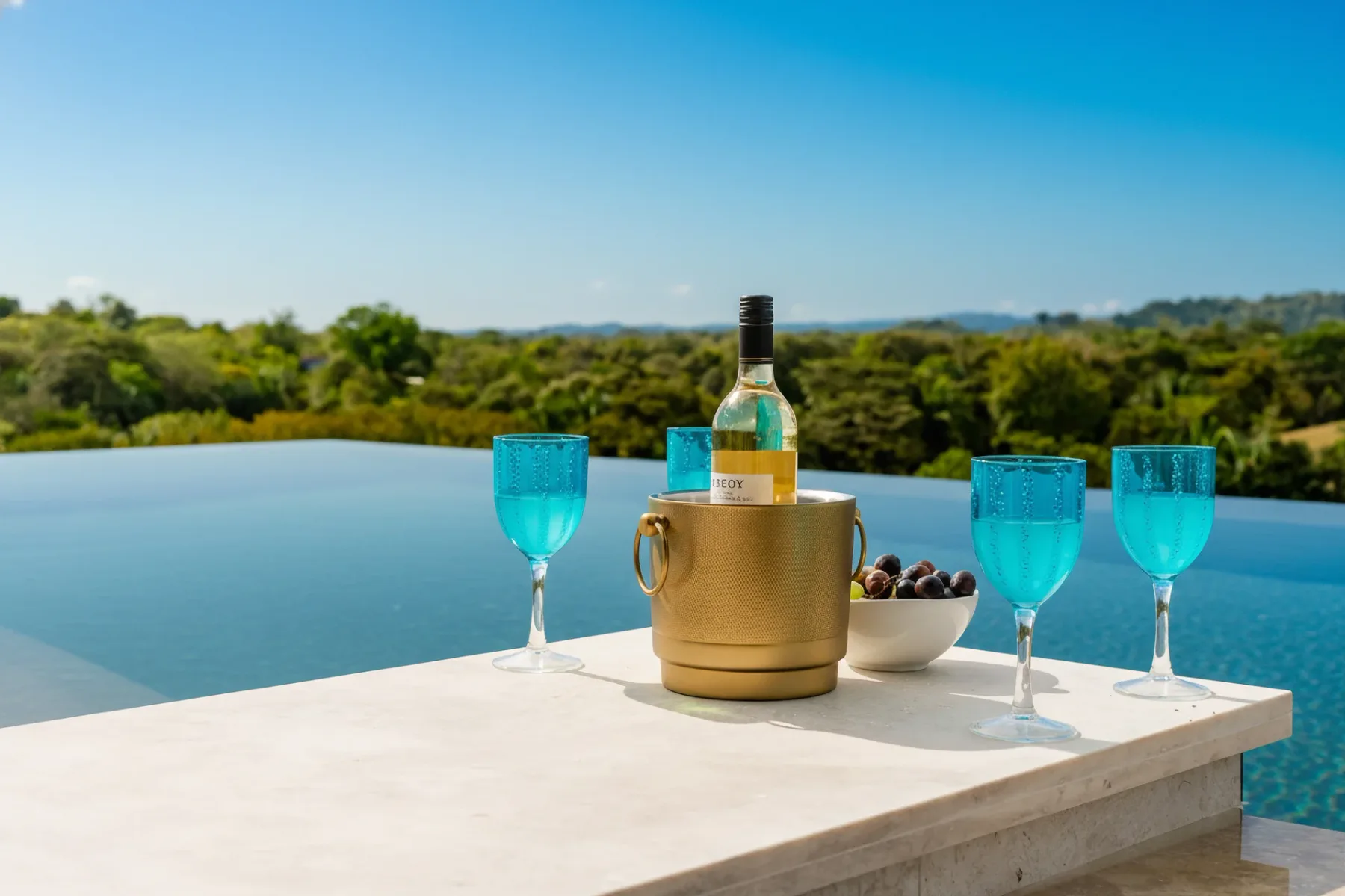 Casa Ama · 16. An infinity edge pool provides expansive views of lush green trees and distant hills under a clear blue sky.