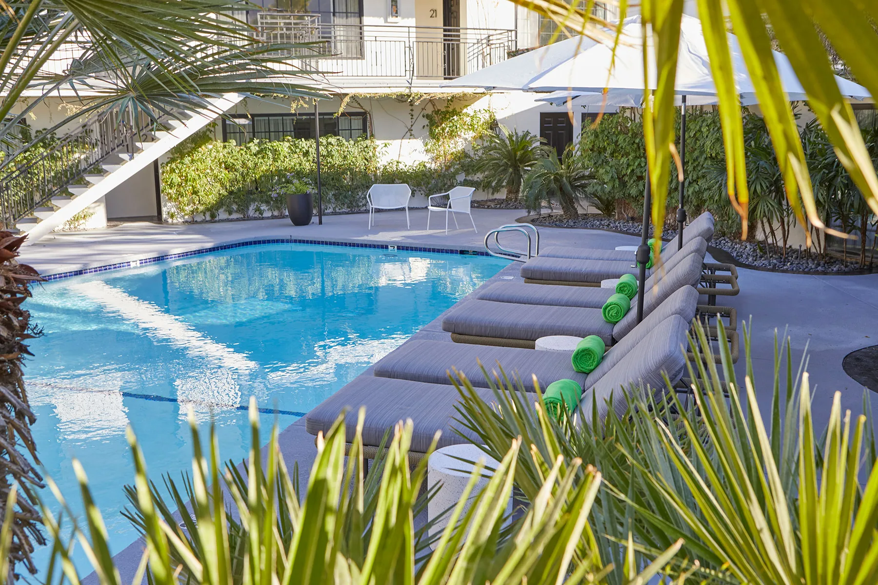 Piscina entre la vegetación del jardín y tumbonas.