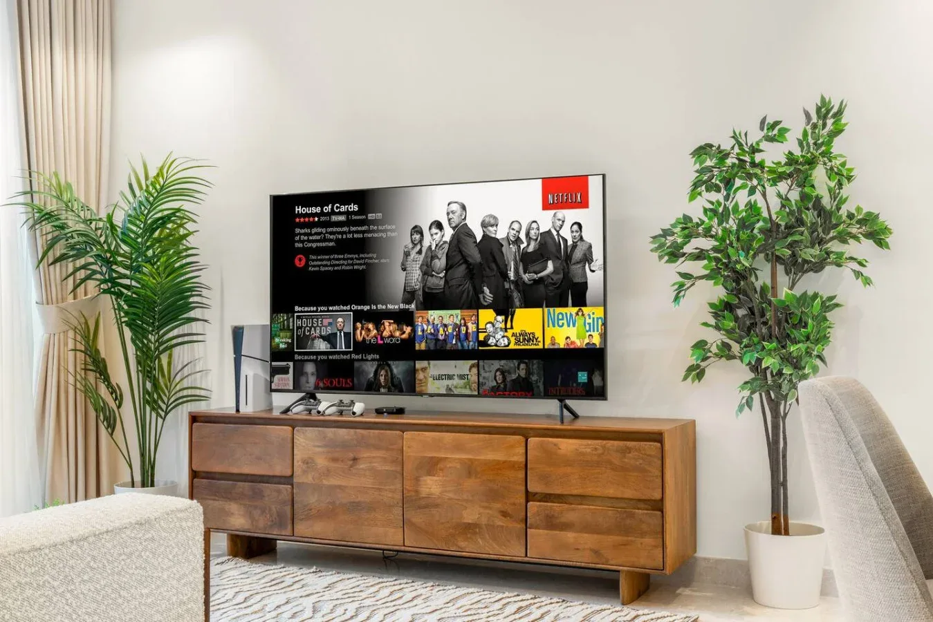 Una sala de estar con un televisor sobre un mueble de madera entre dos plantas en maceta.