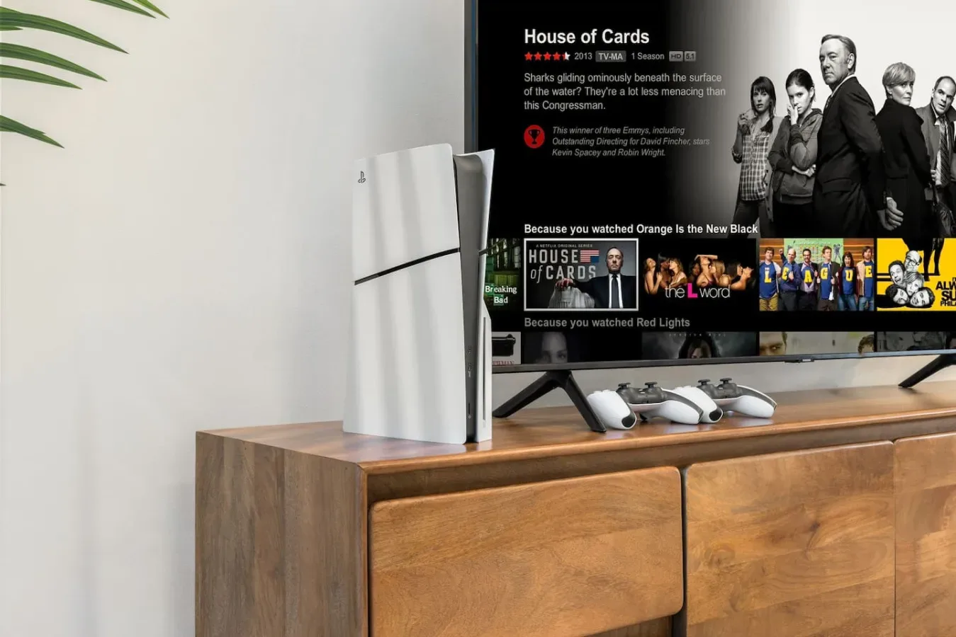 Un televisor muestra un programa sobre un mueble de madera en una sala de estar.