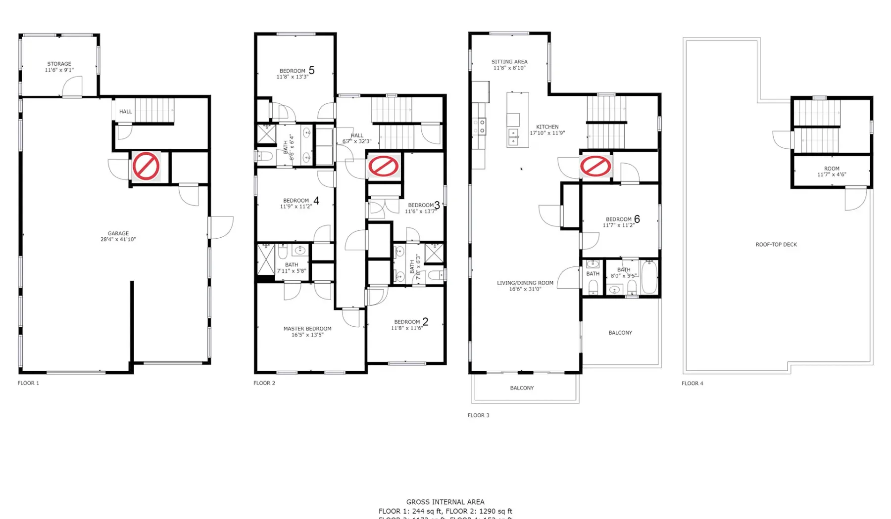 Architectural floor plans show several room layouts and a large open roof deck.
