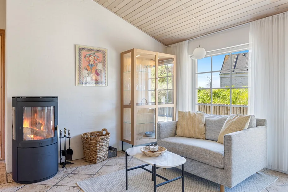 Una sala de estar luminosa con un sofá, una vitrina de cristal y una chimenea.