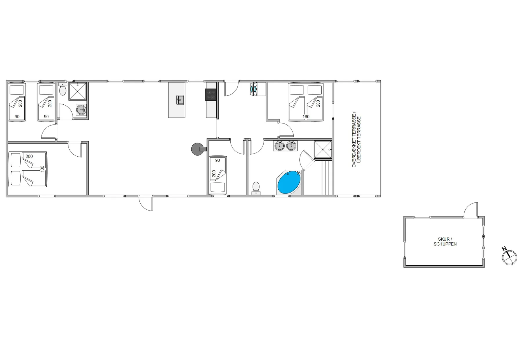 Un plano muestra varias habitaciones, camas, baños y un área separada delineada.