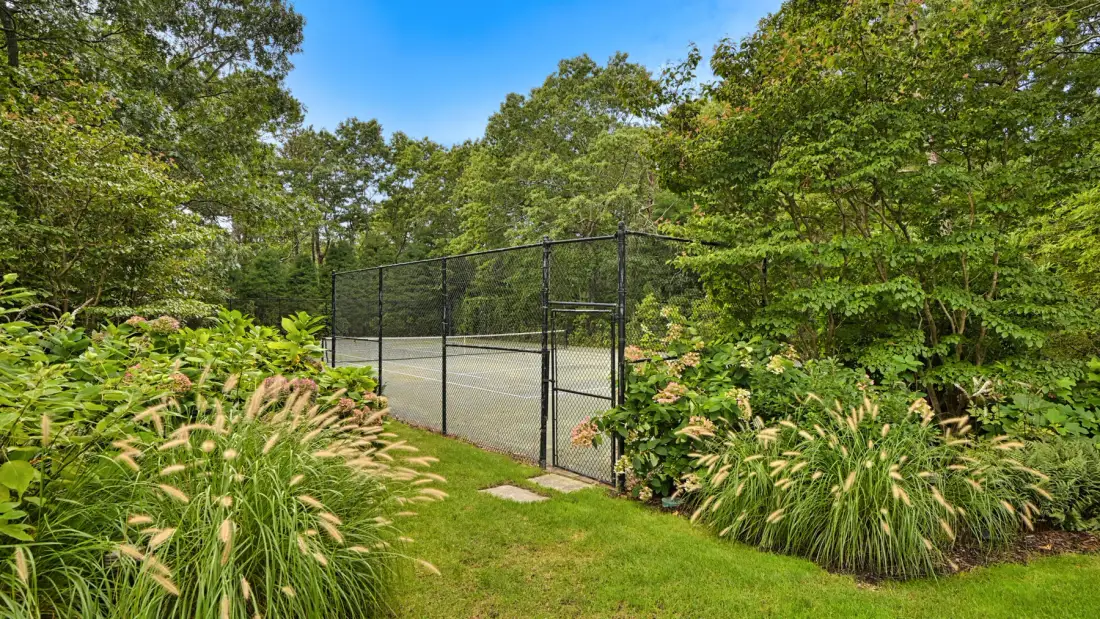 Una cancha de tenis cercada está rodeada de árboles verdes y hierbas ornamentales.