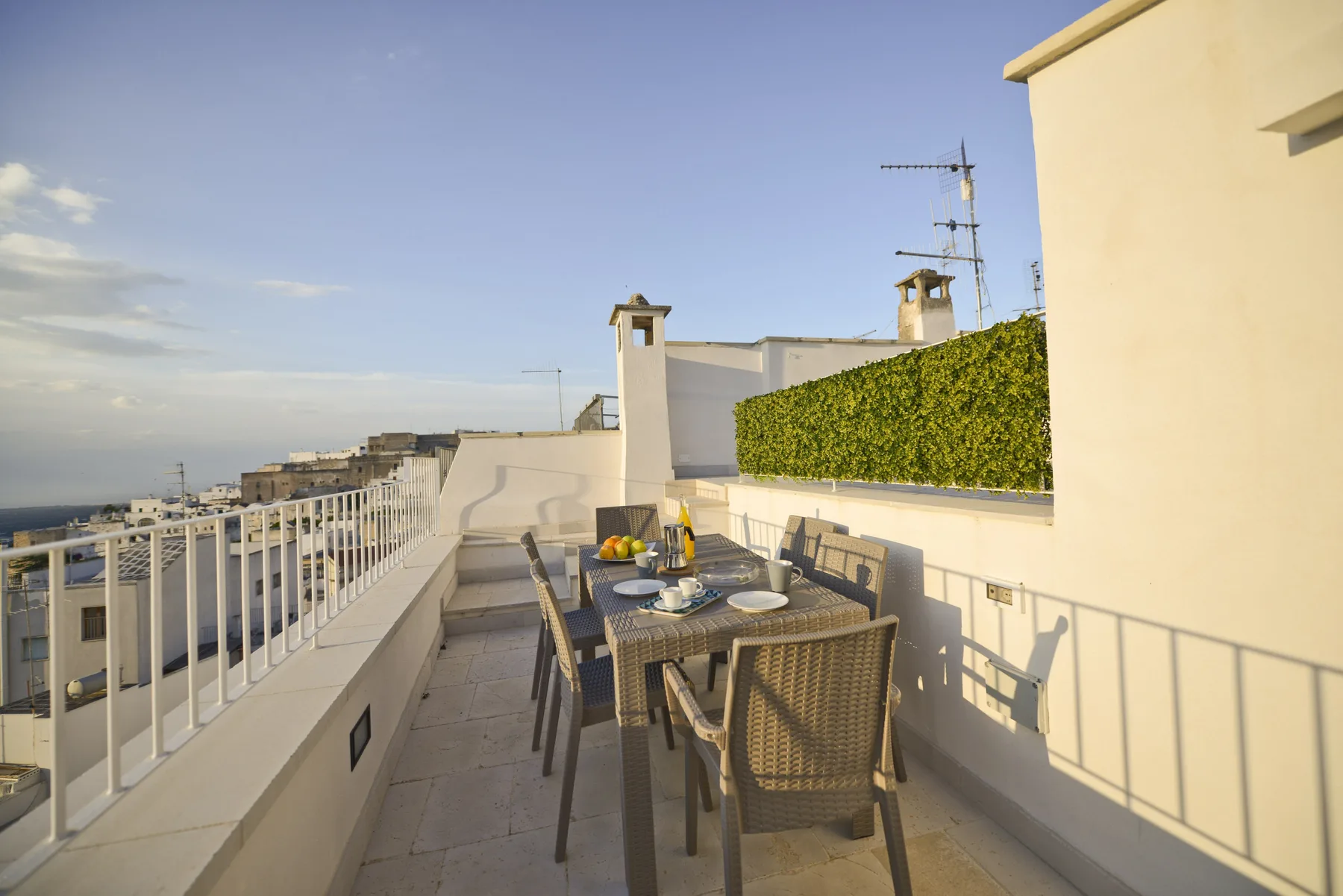 A rooftop terrace with a dining table and surrounding city views.