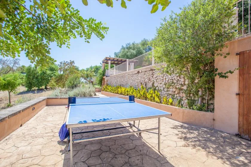 Una mesa de tenis de mesa al aire libre está en un patio pavimentado junto a un muro de piedra.