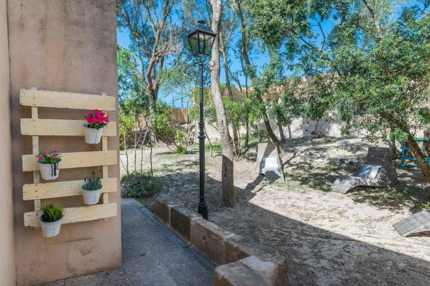 Un sendero sombreado atraviesa un jardín con árboles, macetas y una farola negra.