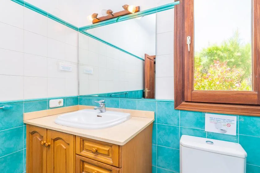 Un lavabo de baño está junto a una ventana y un inodoro.