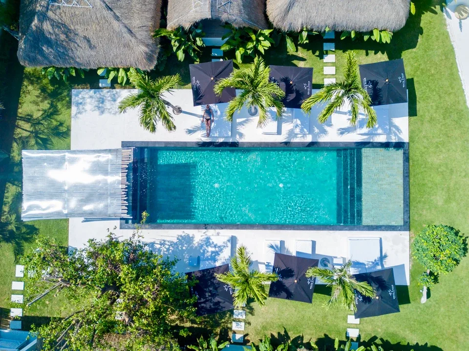 Saltwater swimming pool surrounded by tropical gardens