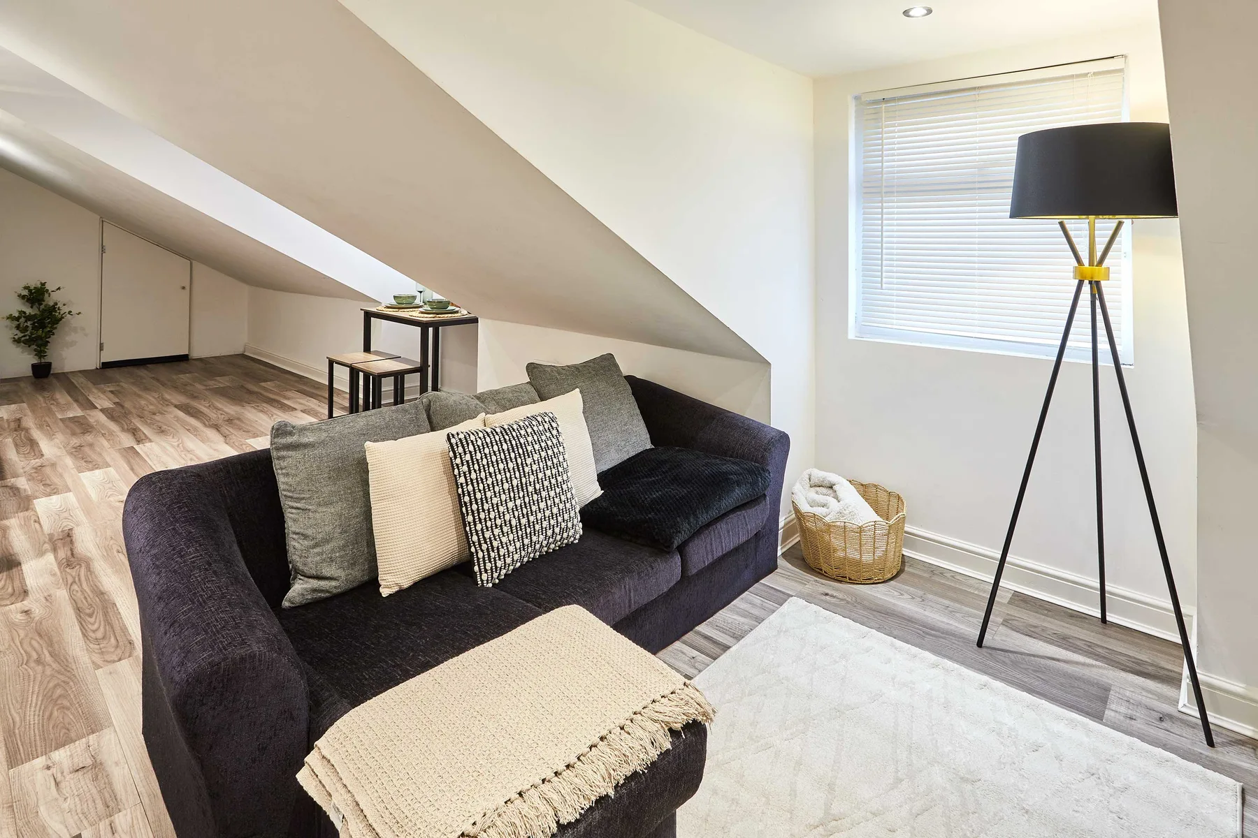 A living area with a dark sofa, pale rug, and floor lamp beneath a sloped ceiling.