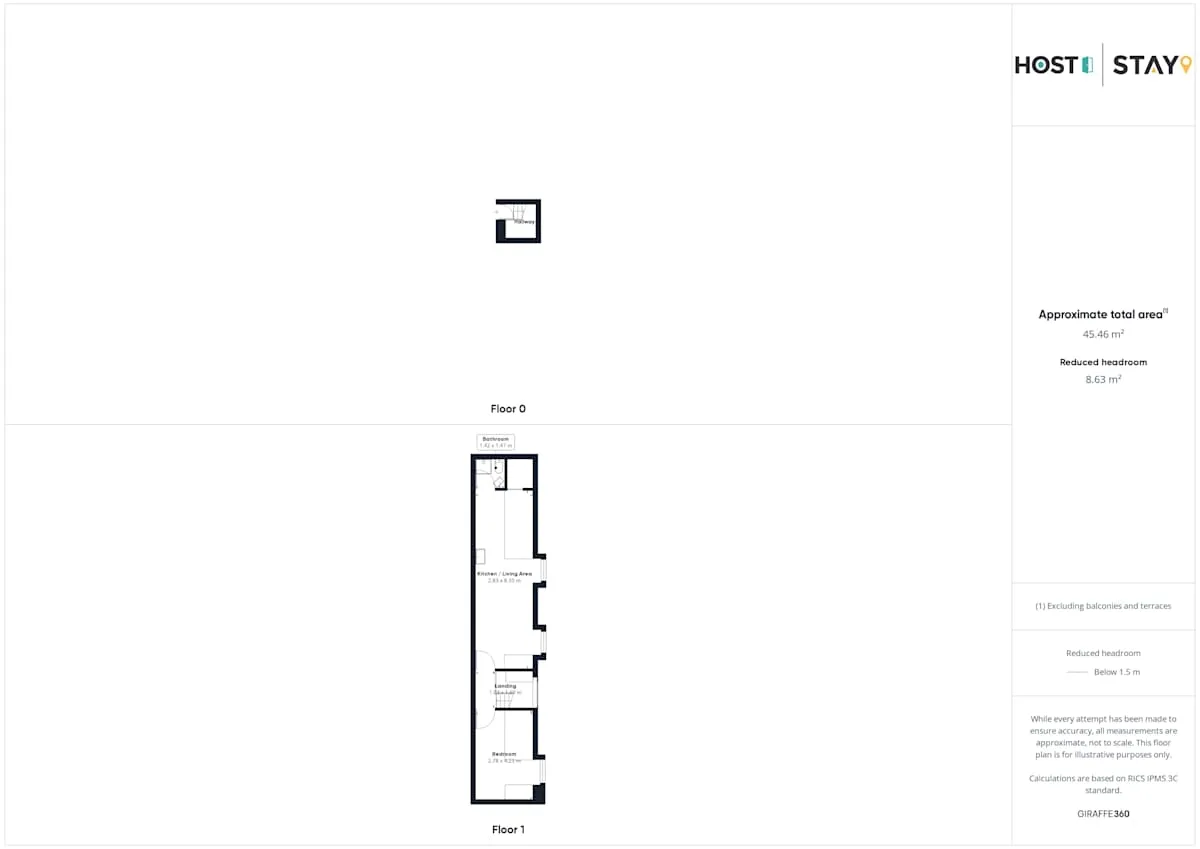 A floor plan shows the layout of a narrow interior space.
