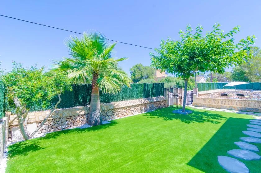 A garden with green lawn, trees, and a stone boundary wall.