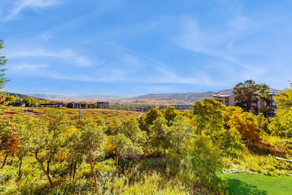 A broad landscape of green trees and rolling hills beneath a blue sky.