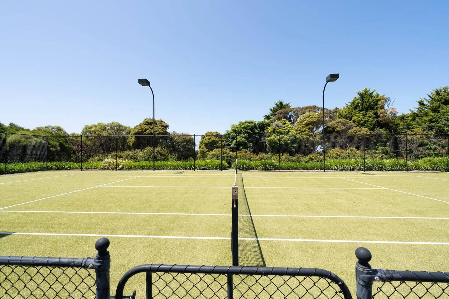 Una pista de tenis al aire libre con una red, rodeada de vegetación.