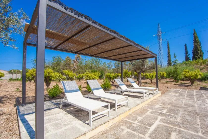 A shaded outdoor patio with reclining loungers beneath a pergola.