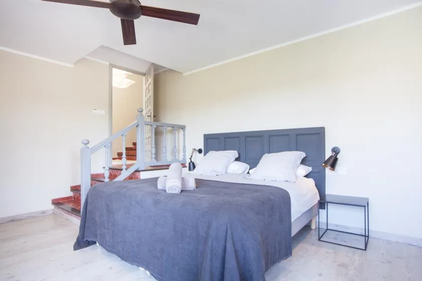 A bedroom with a bed beneath a dark headboard and a ceiling fan.