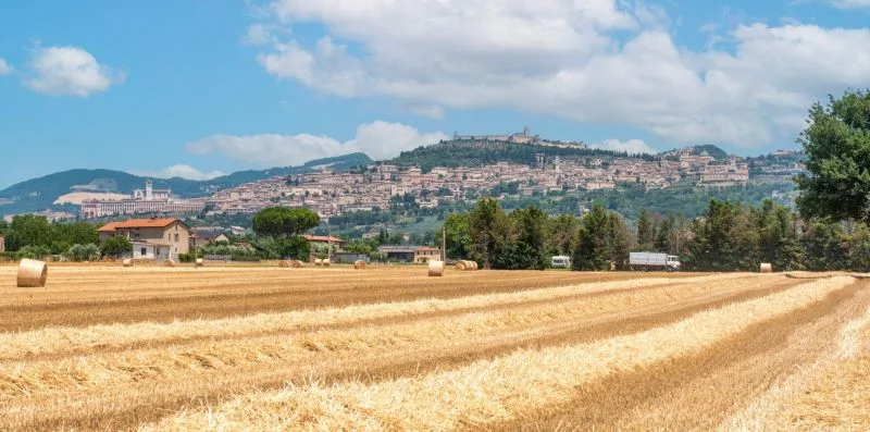 A harvested field stretches toward a hillside town beneath a cloudy blue sky.