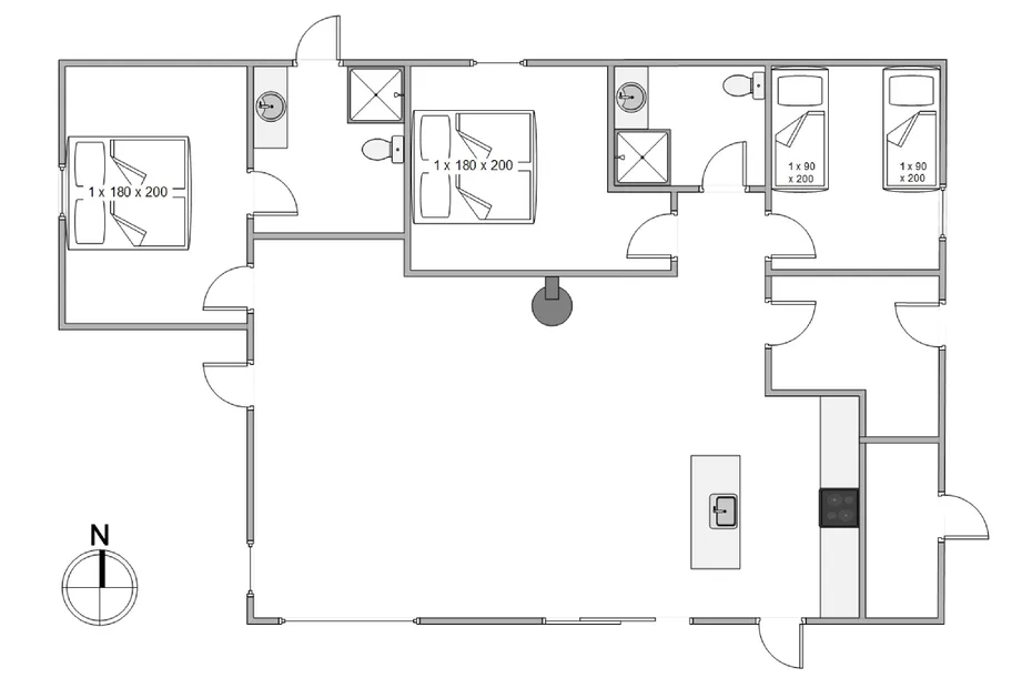 Plano de planta con varias habitaciones alrededor de un espacio central abierto.