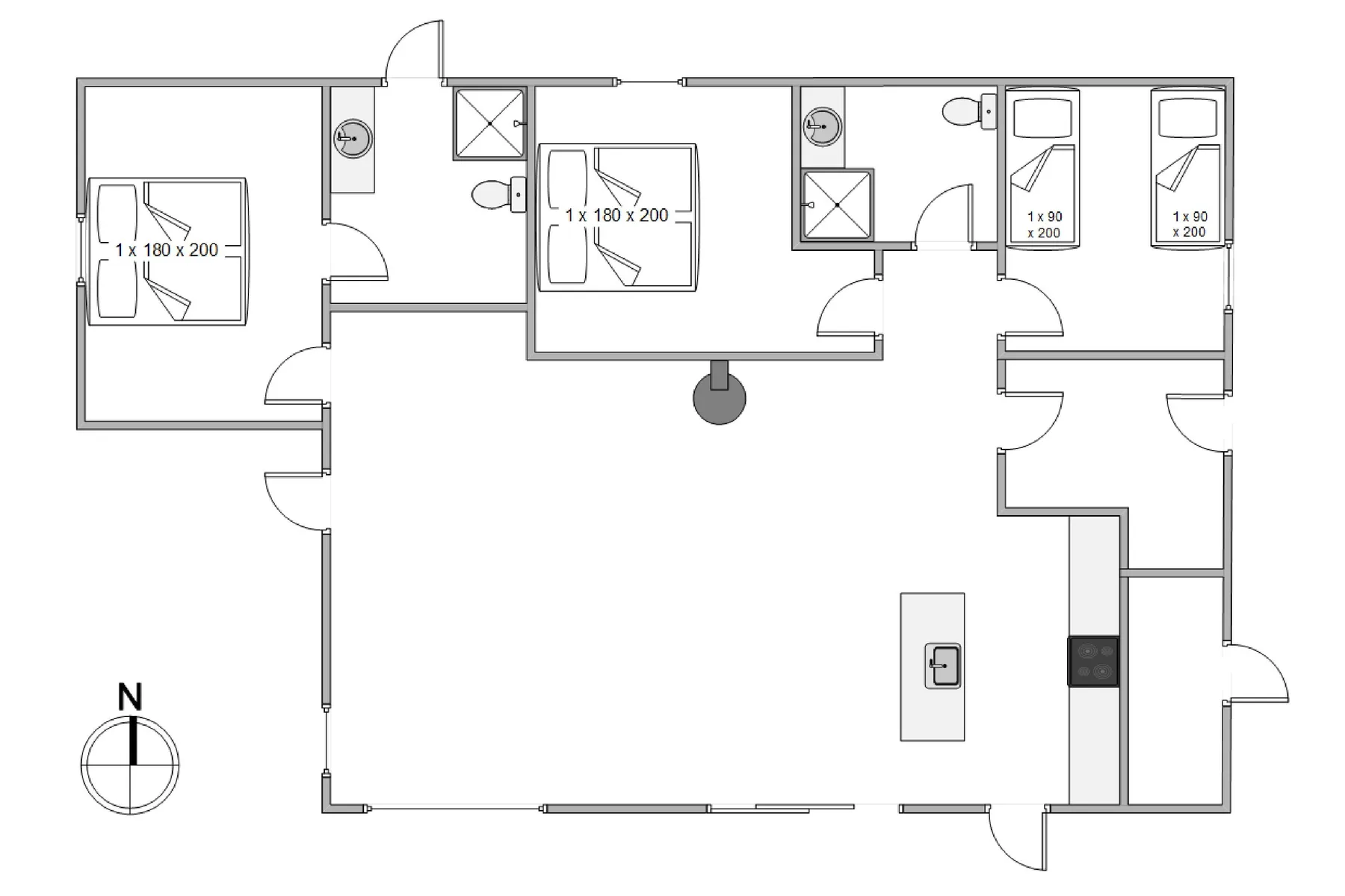 Un plano muestra la distribución de una vivienda, con dormitorios, baños y una zona central de estar.