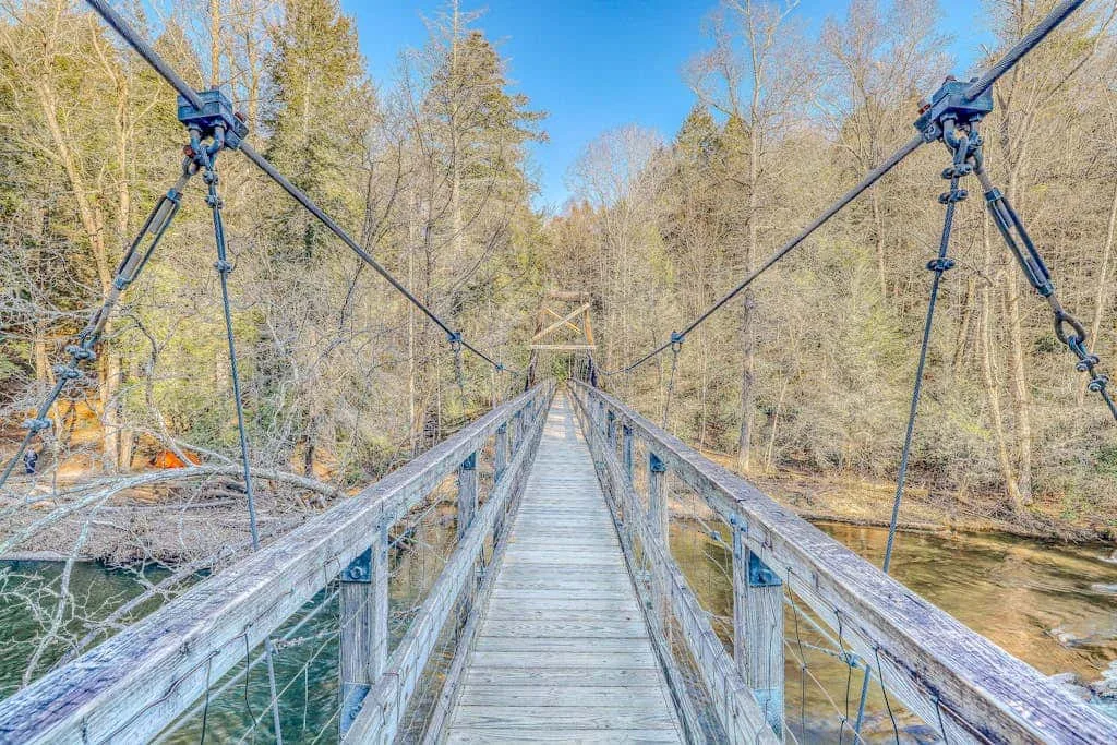 Un estrecho puente colgante de madera cruza un arroyo entre árboles.