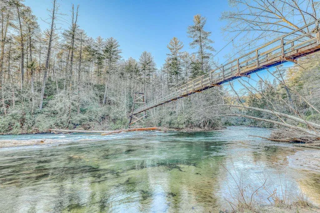 Un arroyo claro fluye bajo un puente peatonal de madera en un entorno boscoso.