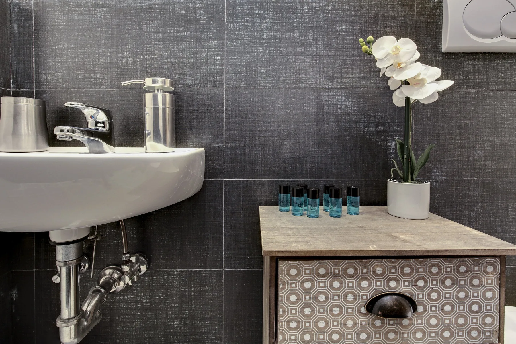 A bathroom sink beside a small counter with toiletries and a flowering plant.