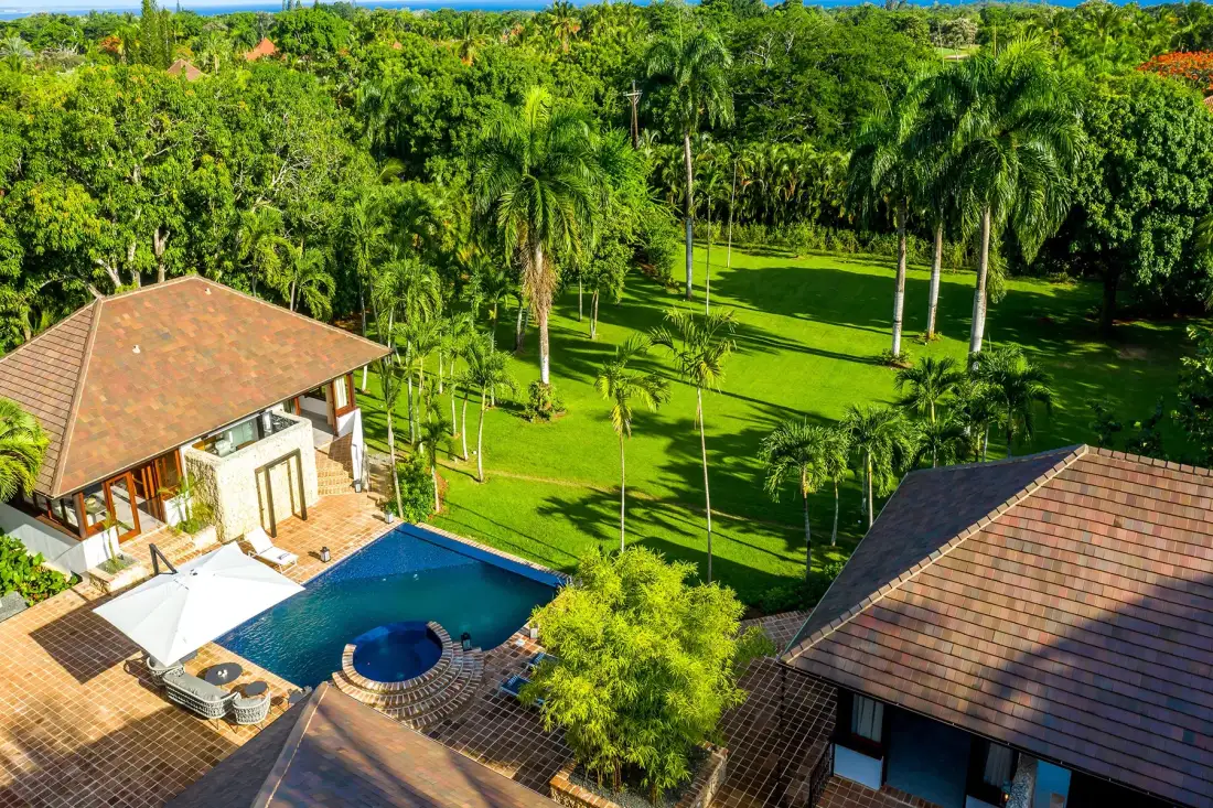 Vista aérea de una piscina junto a una casa, rodeada de césped verde y árboles.