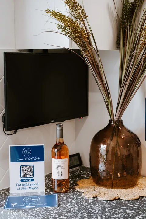A television and dried branches in a vase sit on a speckled countertop.