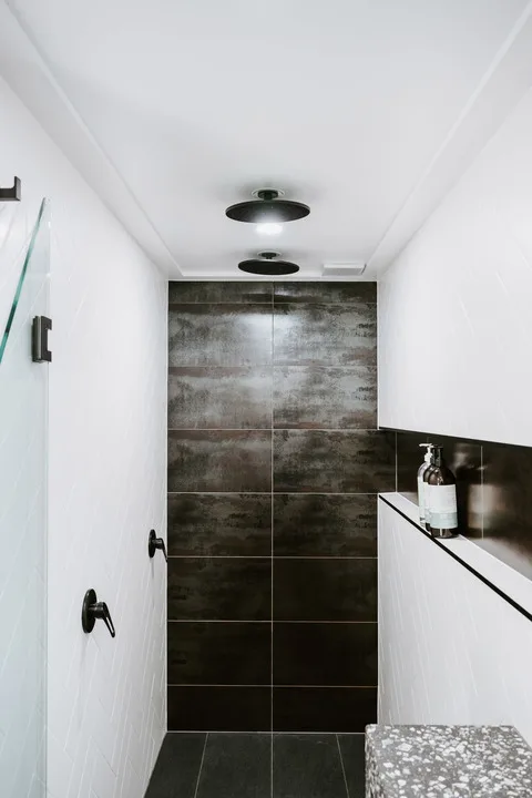 A narrow bathroom with a walk-in shower and dark tiled back wall.