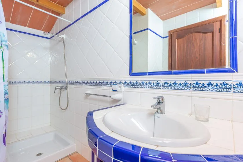 Un baño con azulejos, lavabo, espejo y ducha.
