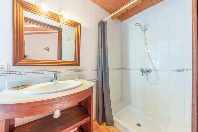 Un baño alicatado con lavabo, espejo de pared y ducha.