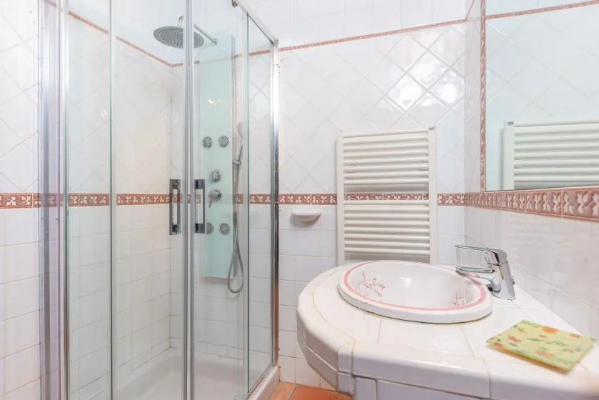 Un baño con azulejos, una ducha de vidrio y un lavabo integrado.