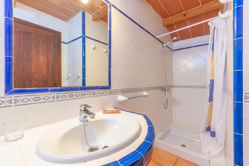 Un baño con lavabo y una ducha con cortina.
