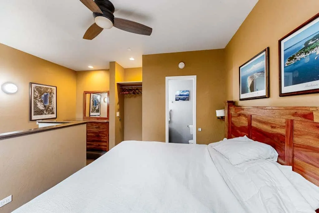 Un dormitorio con una cama grande, un cabecero de madera y cuadros en las paredes.