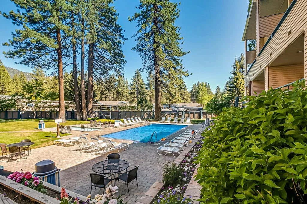Una piscina al aire libre está rodeada de asientos, árboles y jardines.