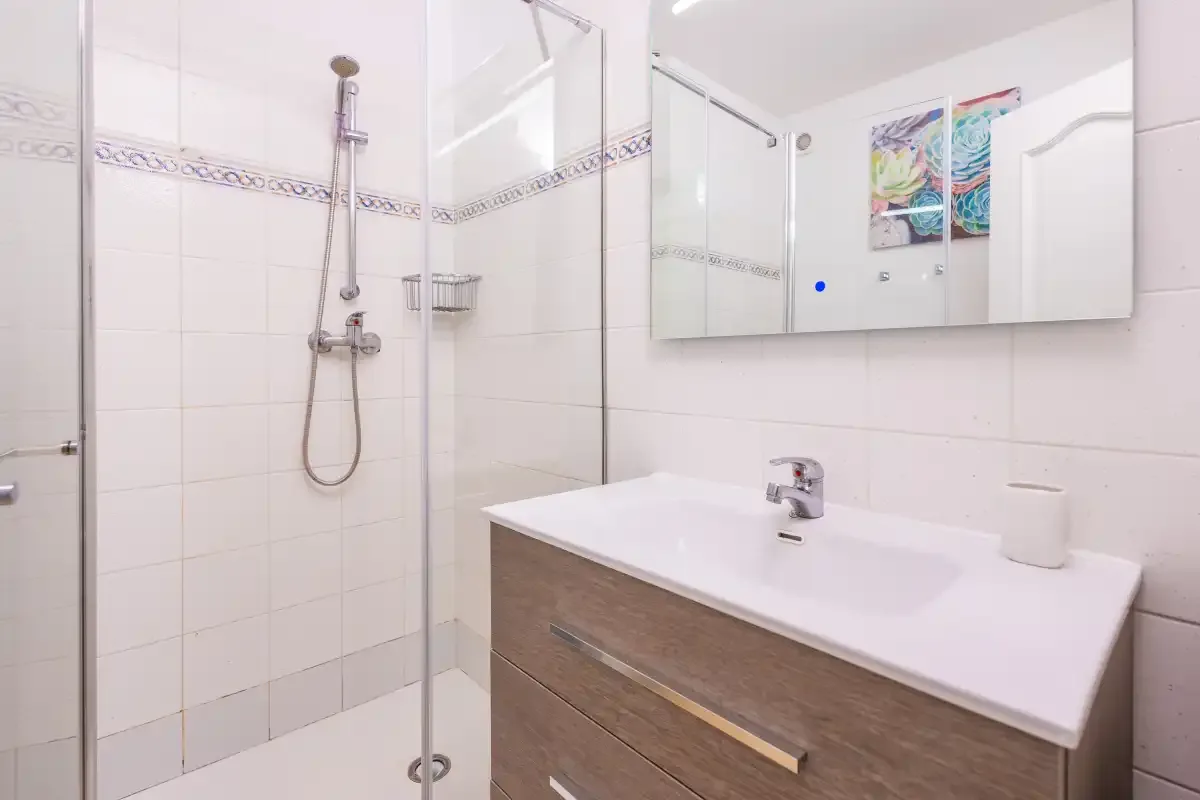 Un baño luminoso con una ducha de cristal y un amplio lavabo con mueble.