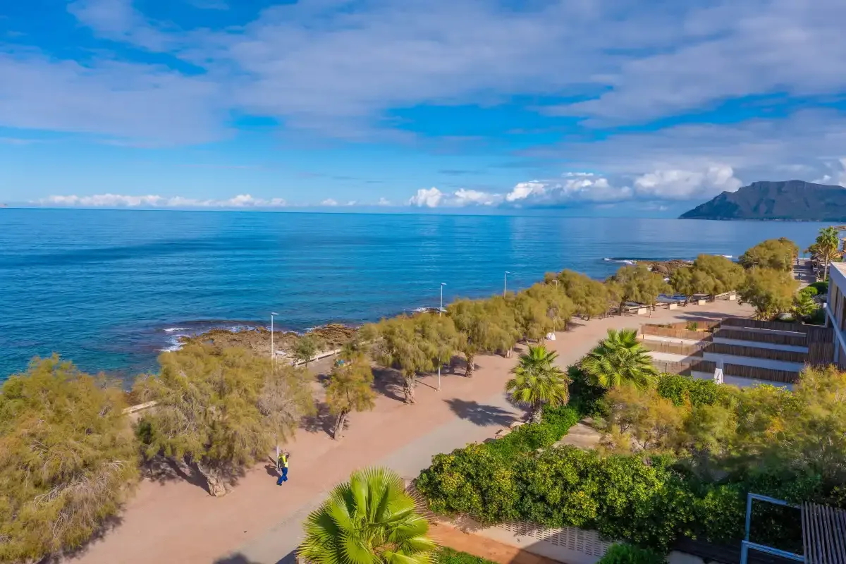 Un paseo costero bordea el mar azul y la vegetación baja.