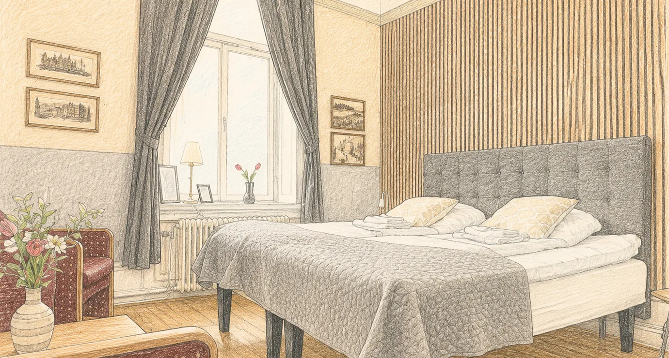 Habitación luminosa con grandes ventanas y estufas decorativas de azulejos.