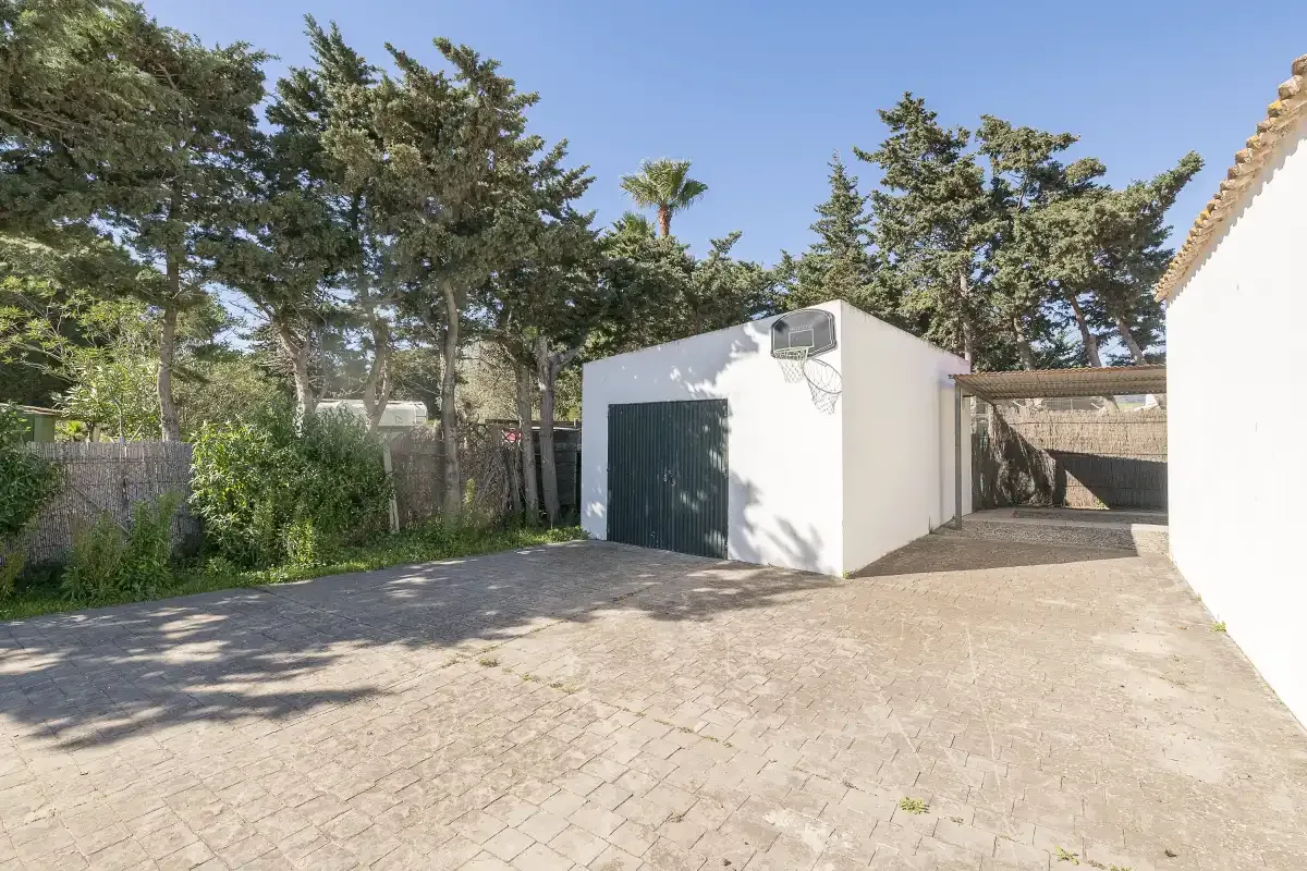 A paved outdoor driveway leads to a small white outbuilding beside trees.